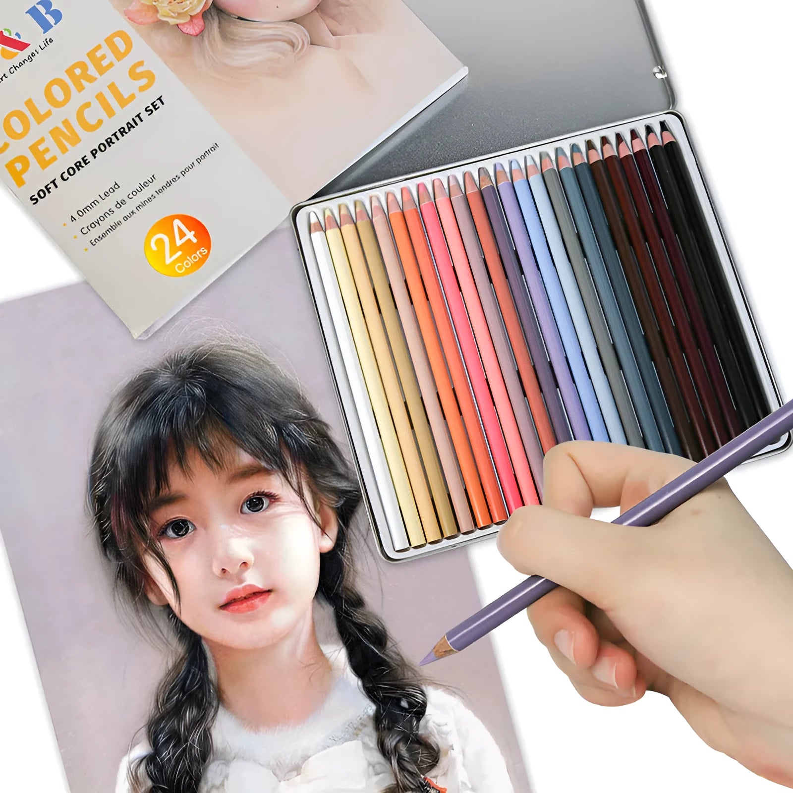 24 skin tone coloured pencils in round tin case for portrait drawing and illustration