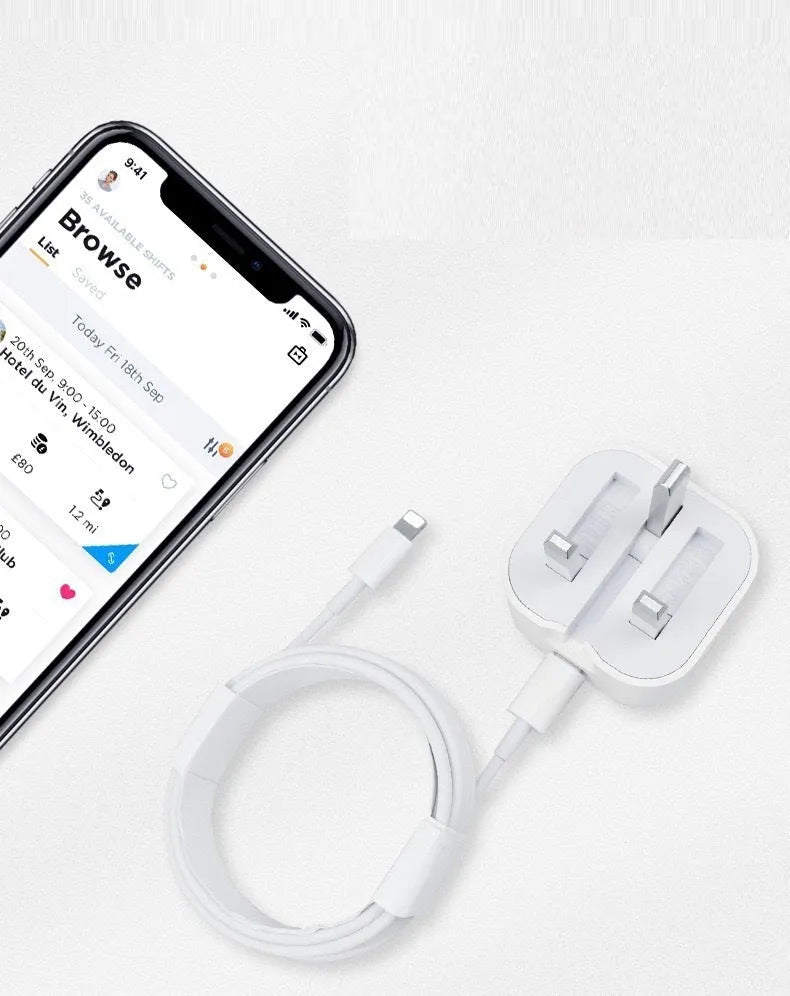 White 20W USB-C PD fast charger with UK plug and a choice of cable lengths.