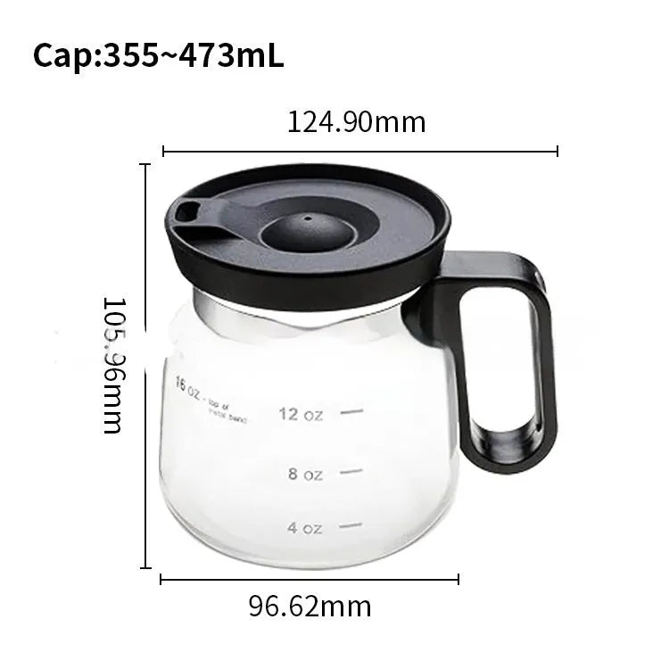 Transparent borosilicate glass coffee maker with silicone cover on a kitchen countertop, 355-473ml capacity