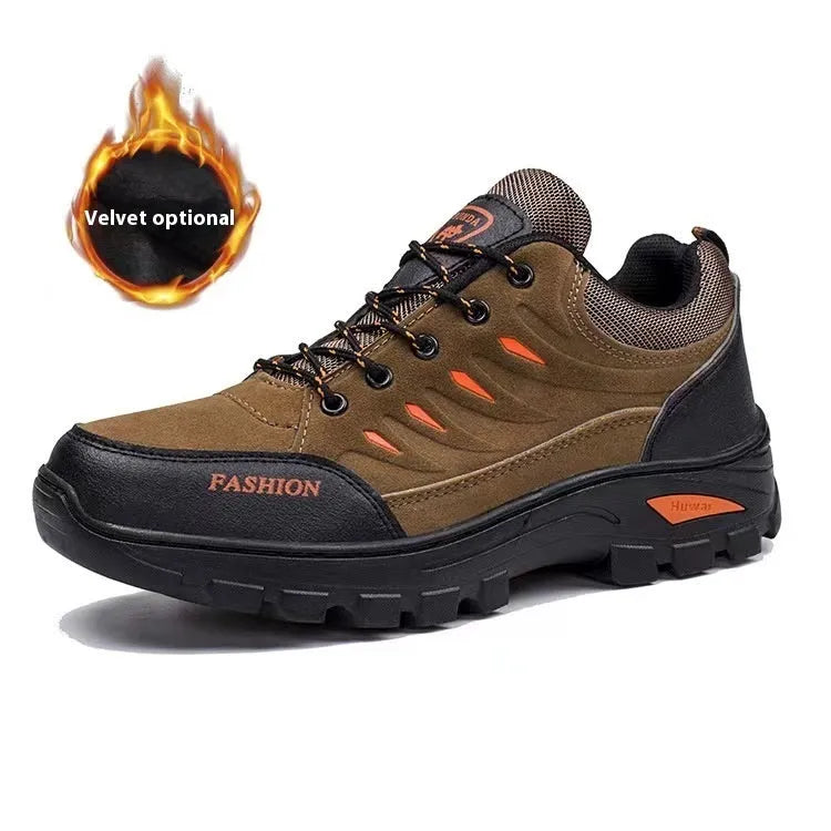 Men's brown suede hiking shoes with round toe and lace-up front