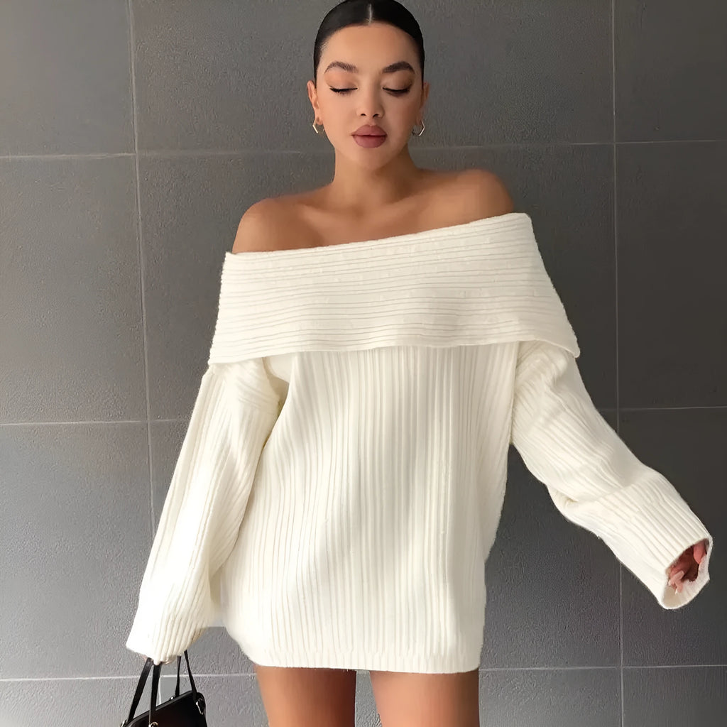 Women's loose off-neck long sleeve pullover sweater in acrylic fabric