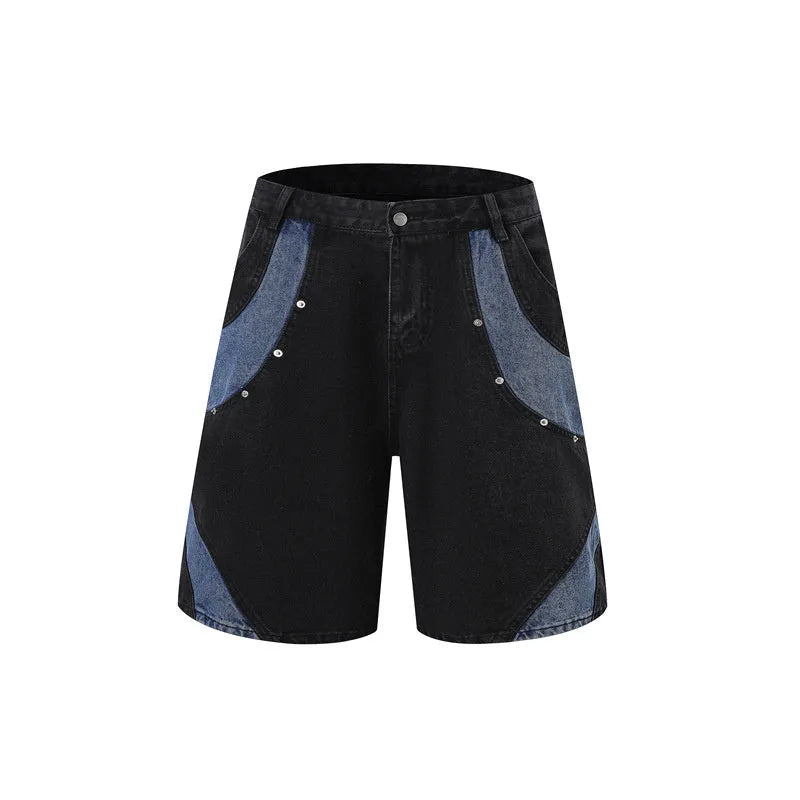Retro washed denim suit set with short-sleeved shirt and matching trousers in black colour