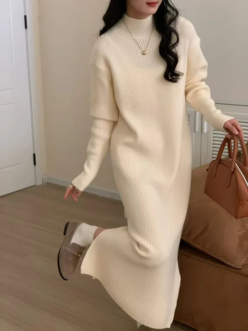 Half turtleneck long sleeve knitted dress in solid colour with high waist