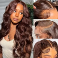 Women's dark brown front lace wig with long curly hair and side bangs style