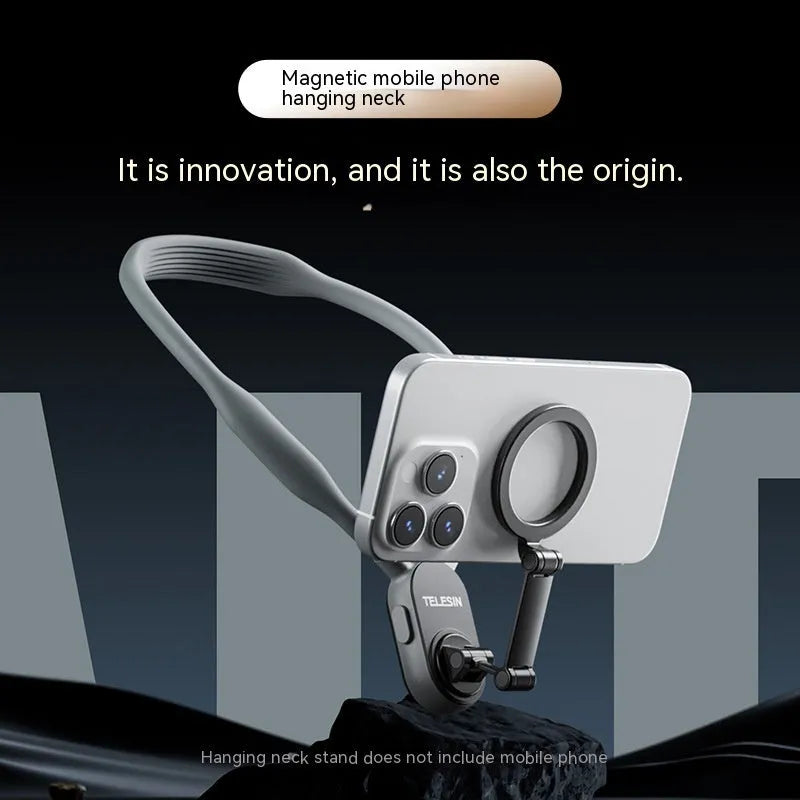 Grey silicone magnetic neck mount for mobile phones shown holding a phone in landscape orientation.