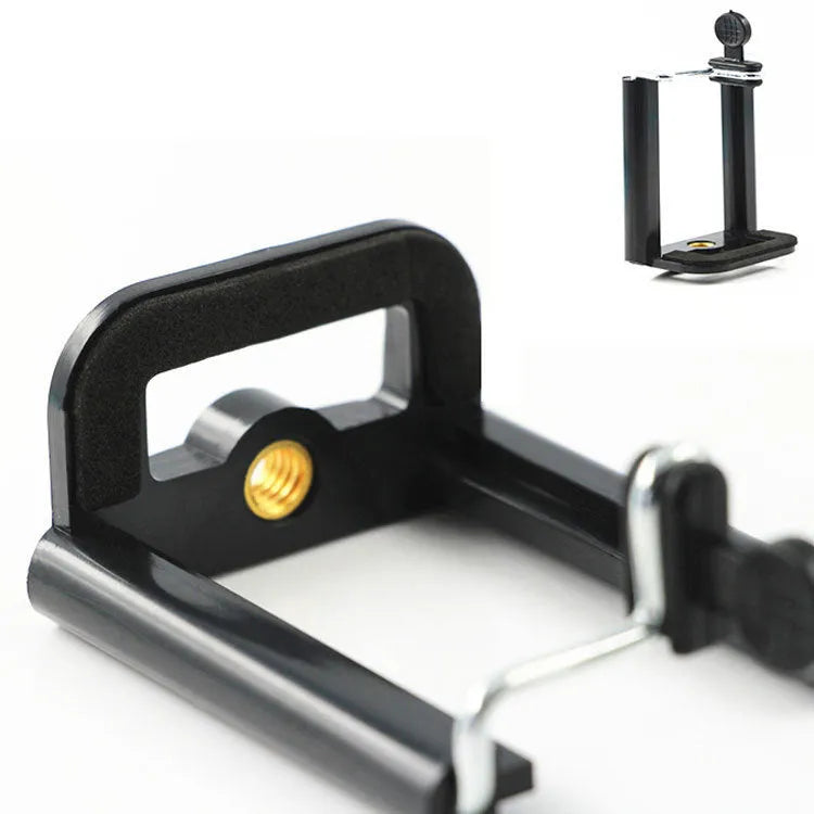 Black plastic U-shaped clip phone holder bracket for mounting on poles and handles.