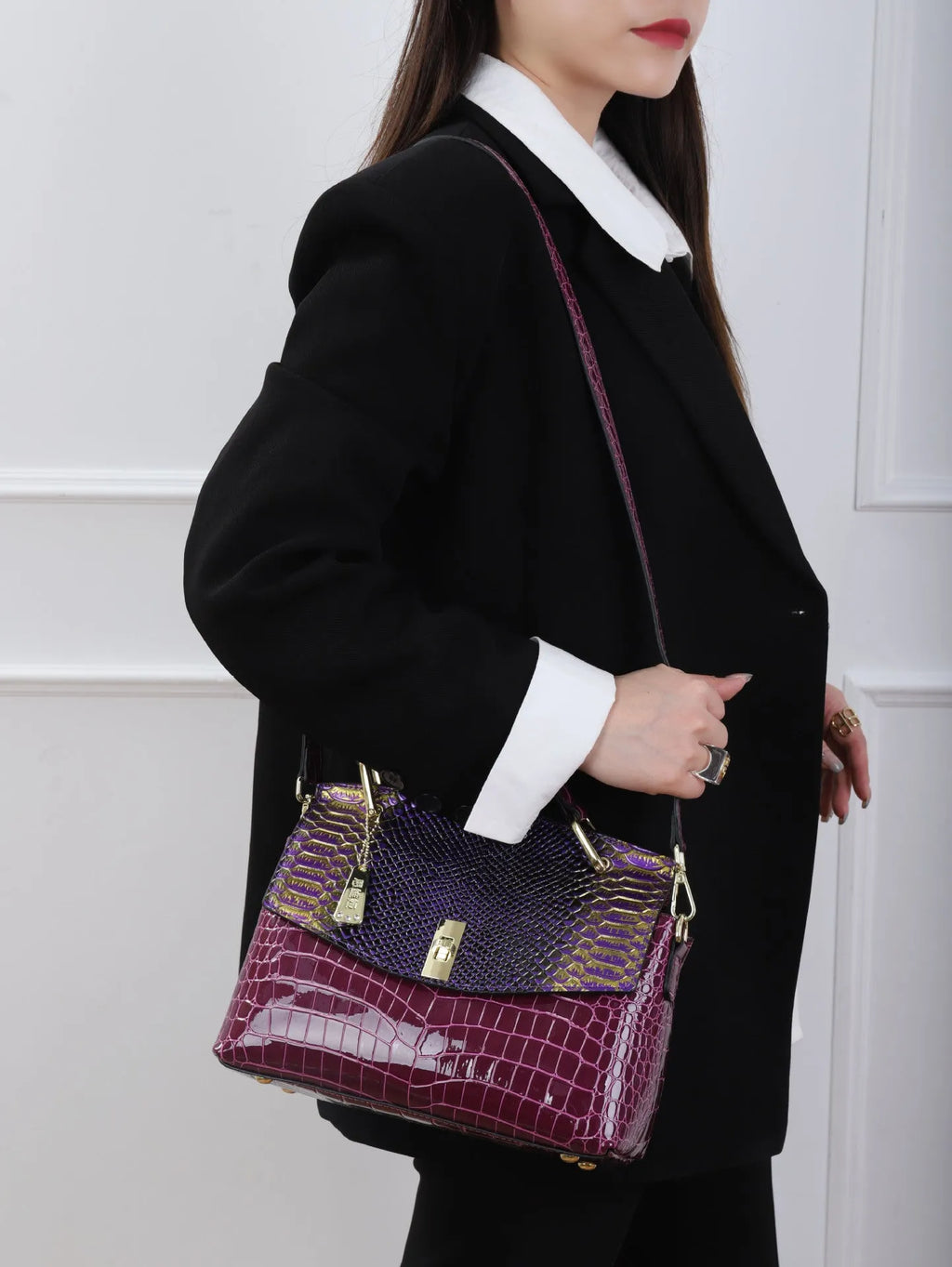 Women's crocodile and snake pattern crossbody handbag in horizontal square shape with double shoulder straps