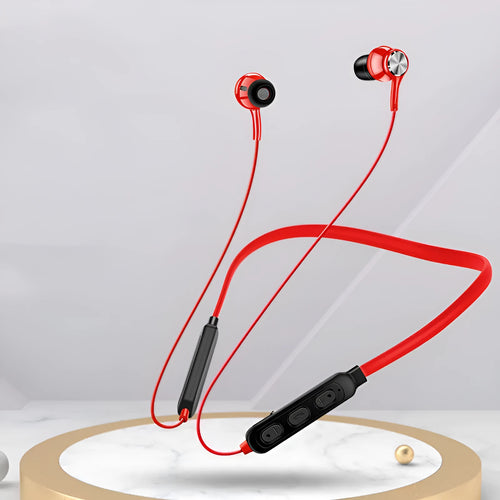 Black, red, and white binaural neckband Bluetooth sports earphones with a USB cable.