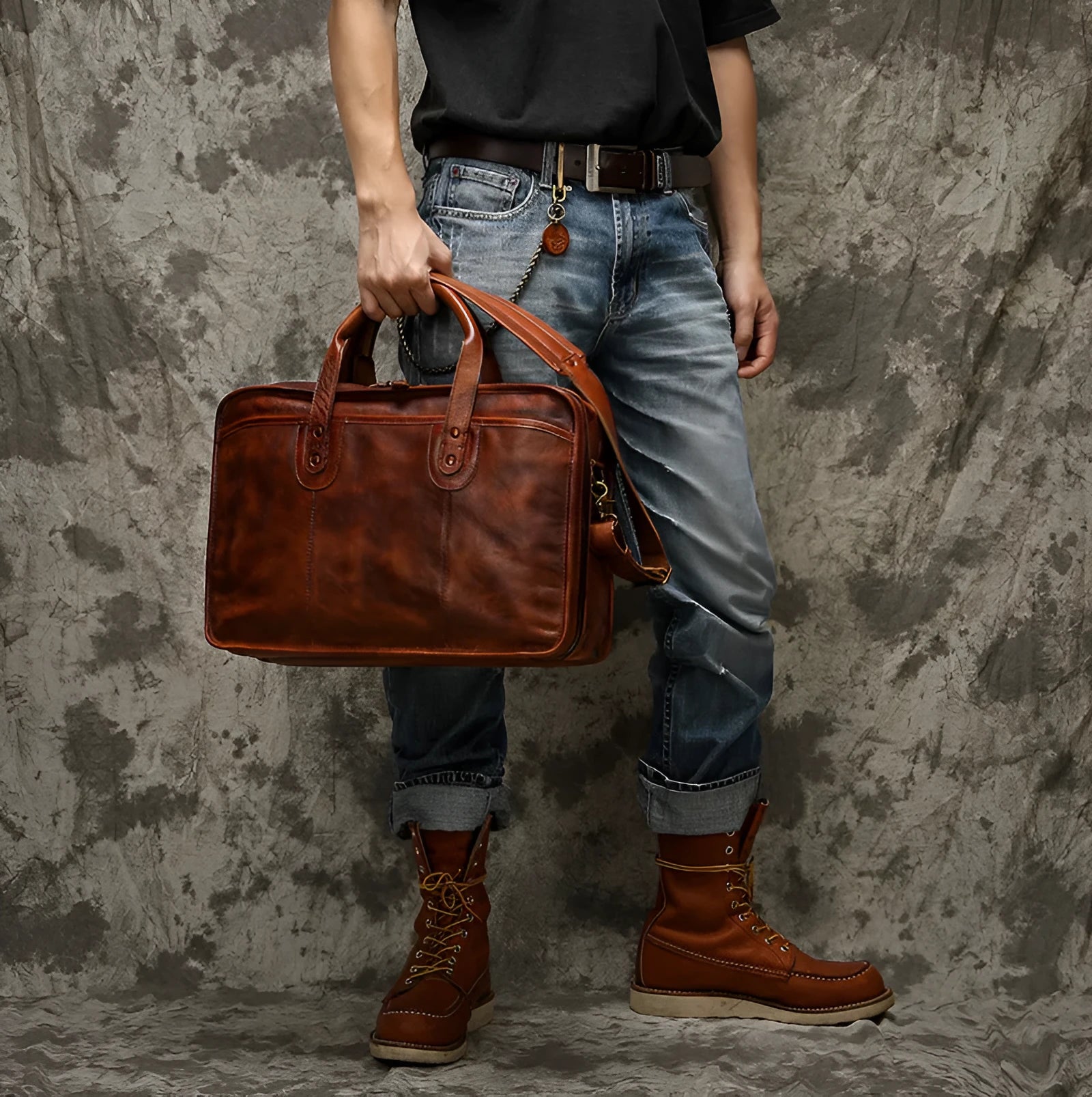 Brown vintage leather men's briefcase showing internal organiser pockets and a shoulder strap.