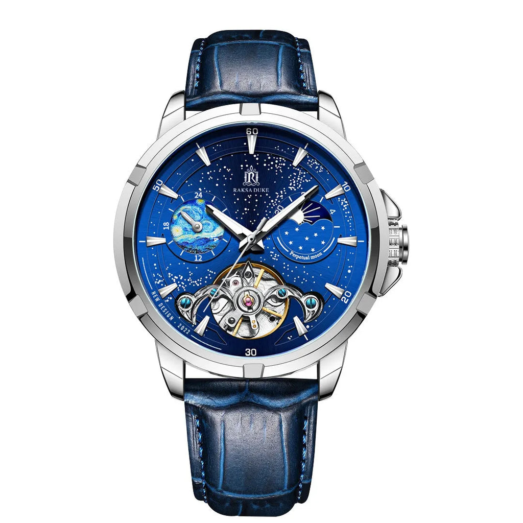 Men's blue dial automatic mechanical watch with day date display on stainless steel band