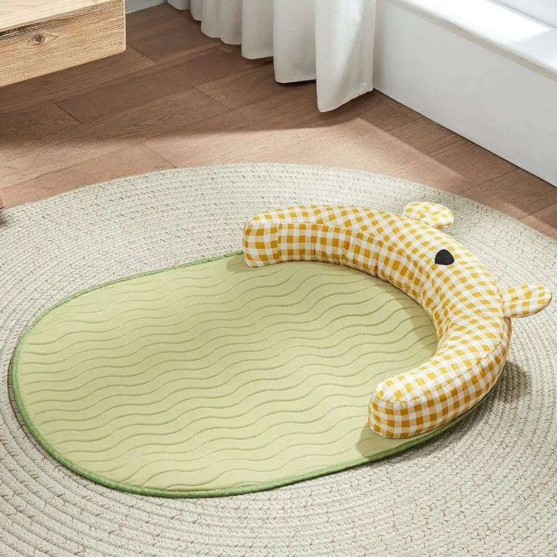 Green and yellow reversible dog cooling mat showing both sides, with size options S M L XL.