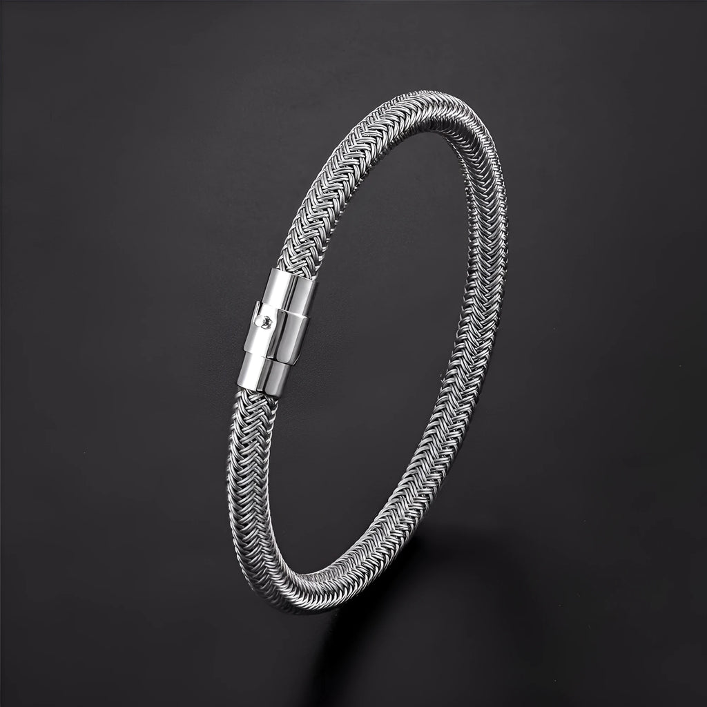 Men's titanium steel geometric wire bracelet with a magnetic clasp in a boyfriend style.