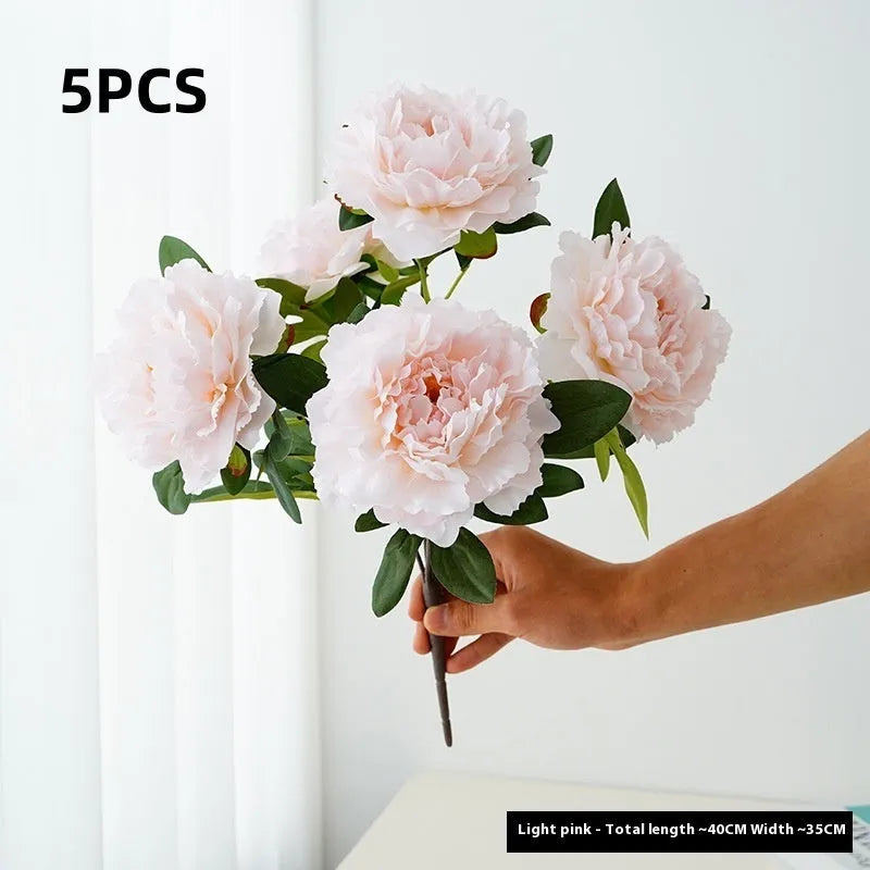 40cm artificial silk peony 5-head bouquet in light champagne colour on white background