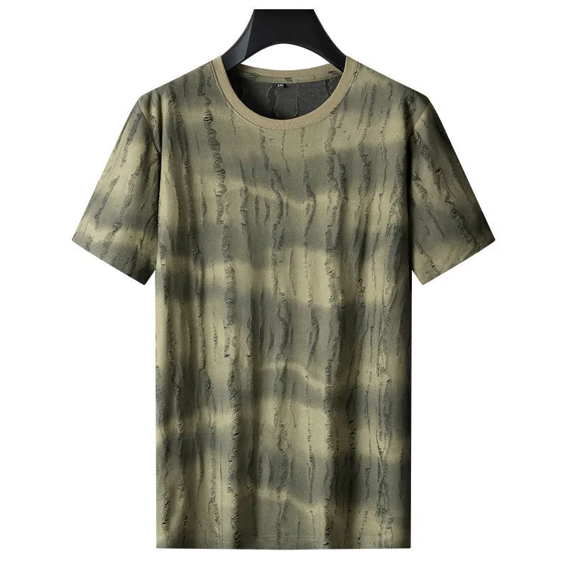 Men's grey plus size round neck t-shirt with short sleeves showing loose fit