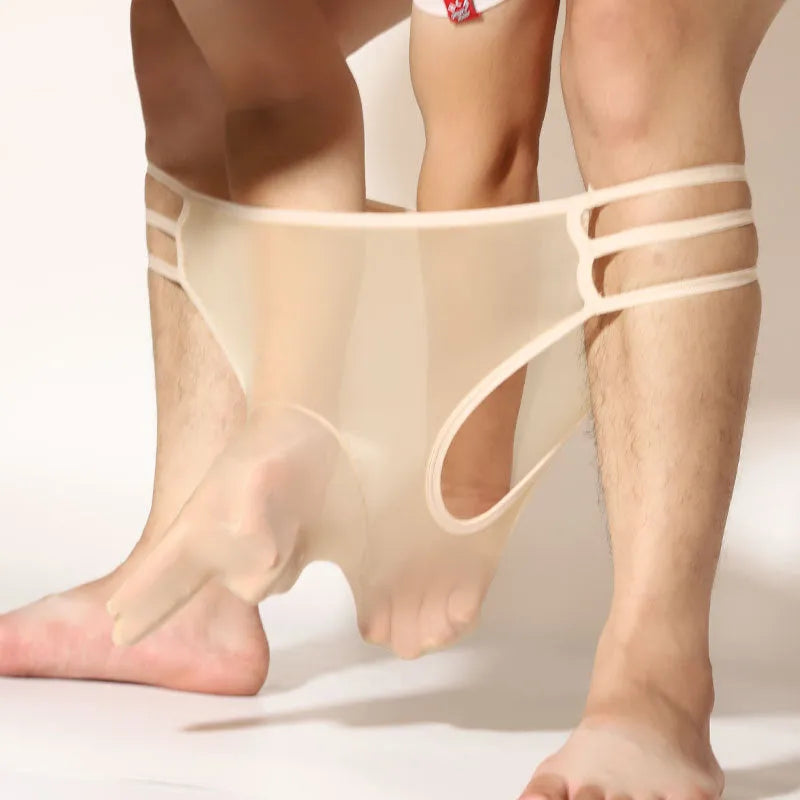 Men's transparent nylon elephant nose shorts in a free size fit on a mid-waist