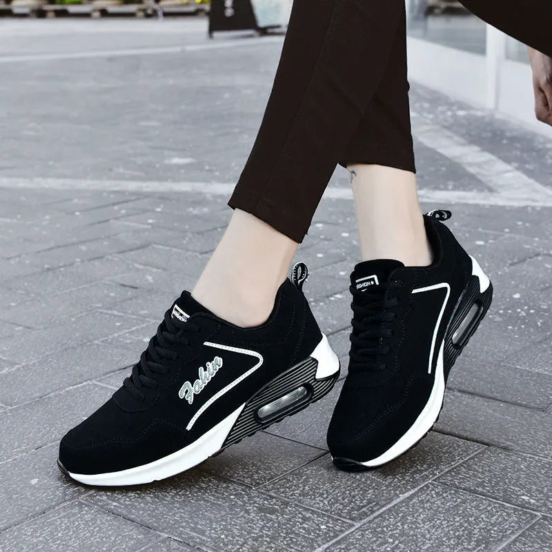 Spring leather plus size air cushion sports shoes for women, casual walking, low-top lace-up, black and white colour