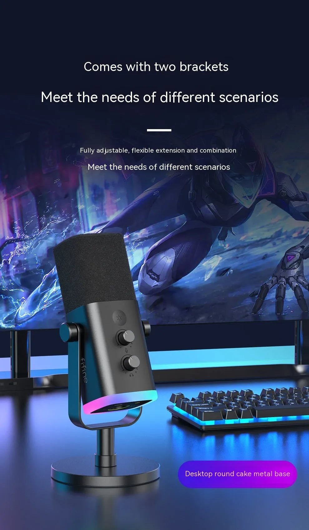 Dynamic noise reduction multifunctional microphone in black with XLR cable and base