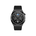 Circular black smartwatch with silicone strap on a wrist, showing a home screen with NFC, call, and health icons.