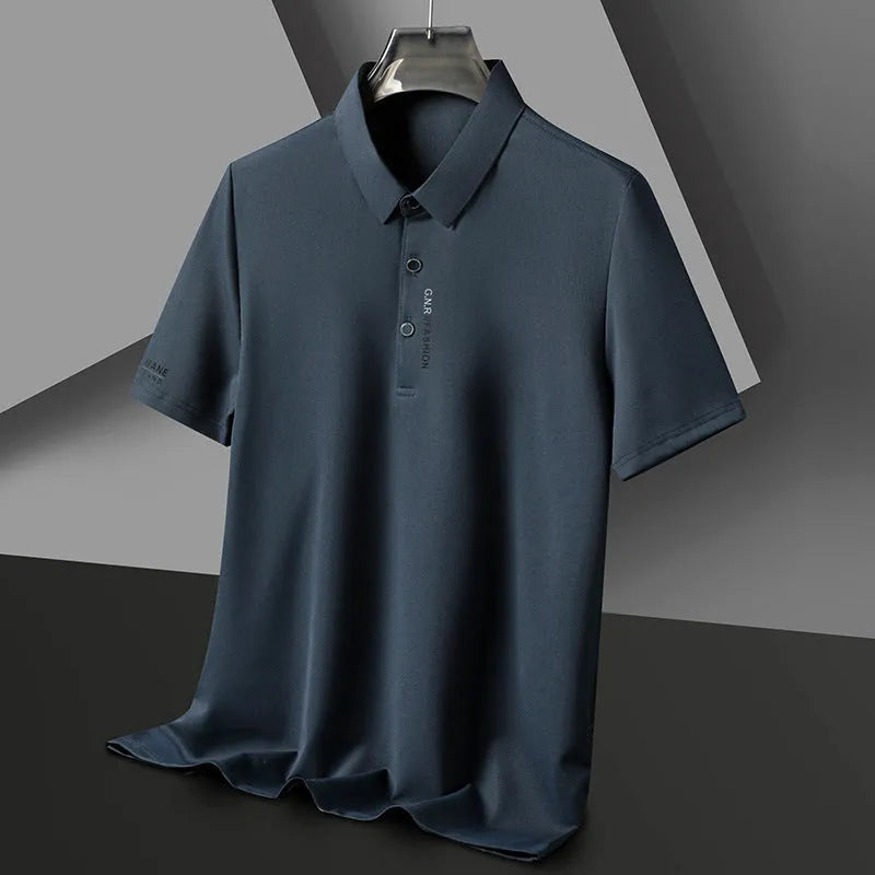 Men's waffle short sleeve polo shirt in bean green, loose fit with side slits, on plain background