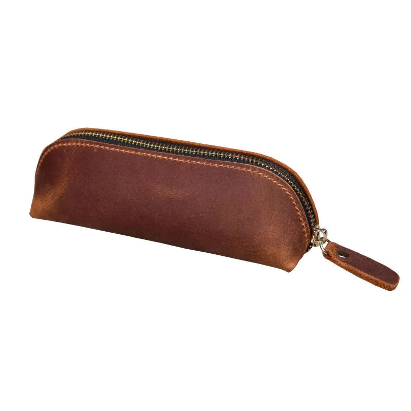 Handmade genuine cowhide leather square pencil case measuring 18cm with zipper closure in solid colour