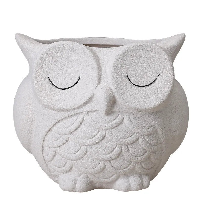 Handmade ceramic succulent flower pot cartoon owl design frosted white 11x9x9cm