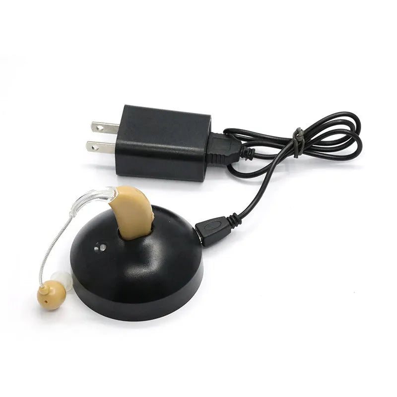 Black rechargeable hearing aid amplifier with silicone construction designed for elderly users