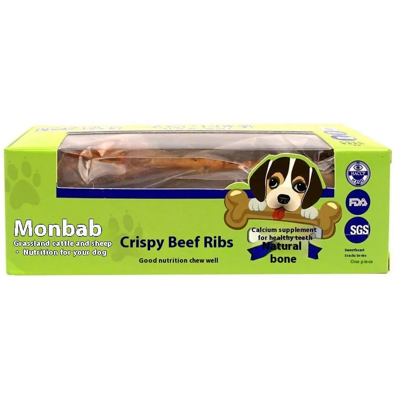 Natural beef marrow bone dog chew in three sizes small green medium blue large yellow for dental health