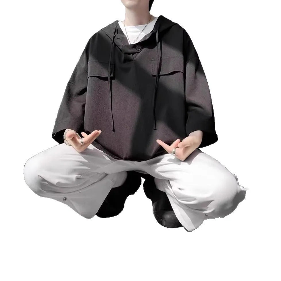 Men's loose fit hooded short sleeve t-shirt in polyester for summer casual wear