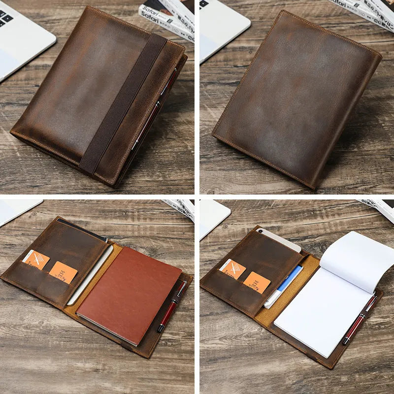 Brown Crazy Horse leather A5 notebook protective sleeve showing square shape and socket closure.