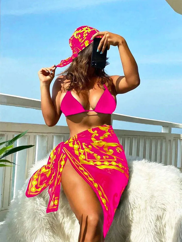 Women's vintage print lace-up bikini swimsuit three-piece set in blue on a mannequin.