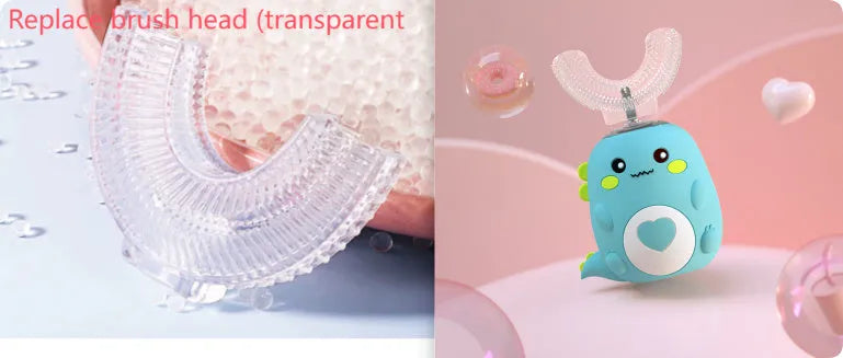 Children's electric toothbrush with food grade silicone U-shaped head, 360 degree automatic cleaning, USB charging, available in Little Dinosaur Pink, Blue, Green