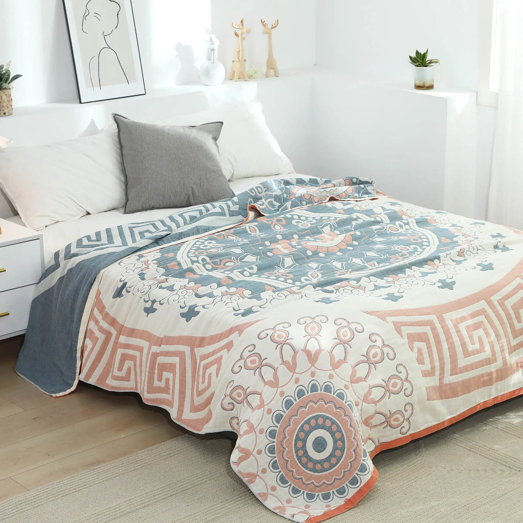 Pure cotton five-layer towel blanket with blue plant and flower coated print pattern