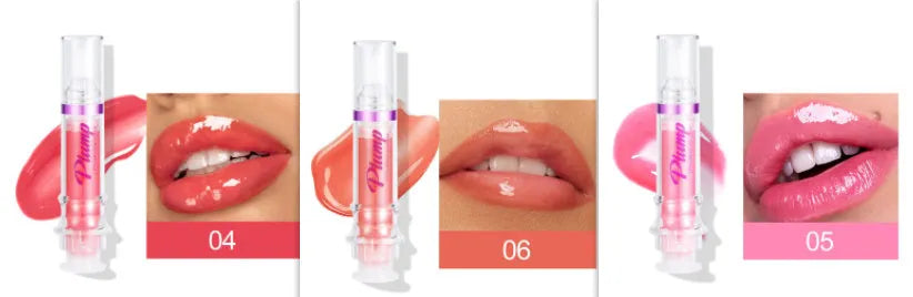 Tube of lip gloss showing shiny finish, available in six different colour shades.