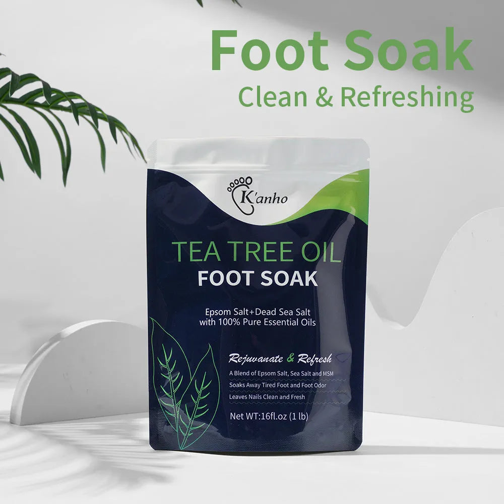 16oz jar of tea tree foot bath salts for exfoliating and deodorising foot care