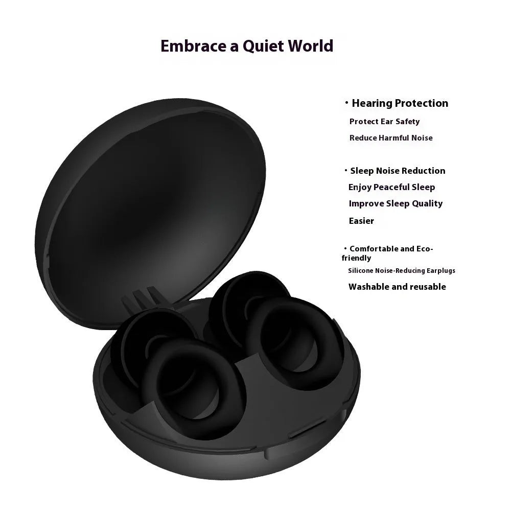 A pair of reusable silicone soundproof earplugs in one of five colours: black, blue, green, purple, or white.
