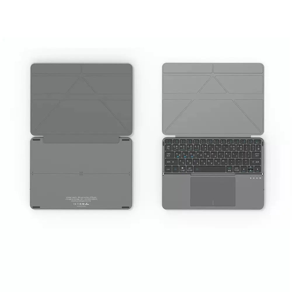 Grey wireless Bluetooth folding keyboard shown open and folded for use with phones and tablets