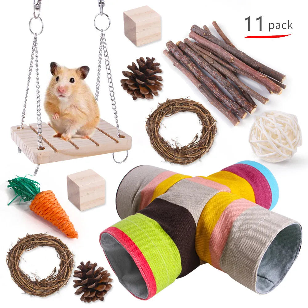 Wooden pet toy set with straw mats and woven balls for rabbits and guinea pigs