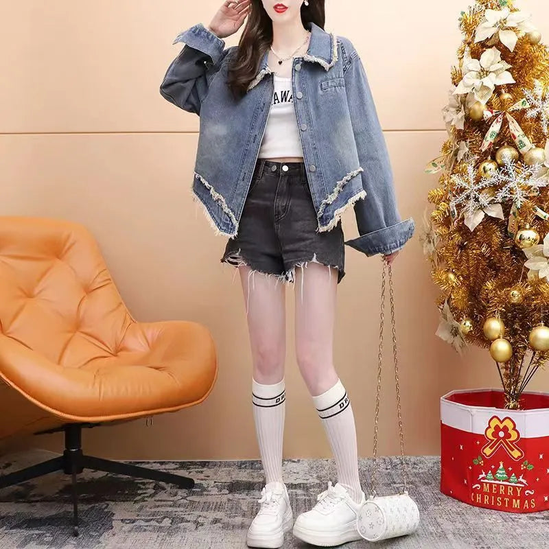 Short blue chenille denim jacket for women with long sleeves, designed for petite frames, shown in front view on white background