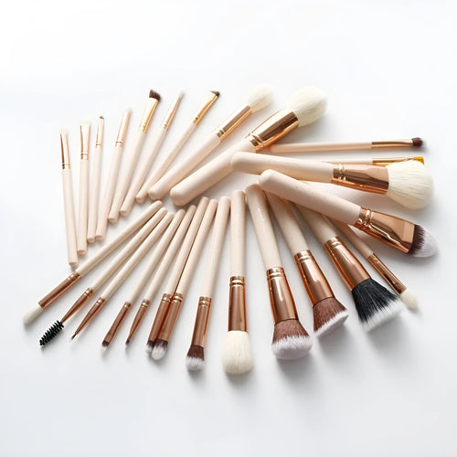26-piece pink professional makeup brush set with wooden handles and wool bristles for face application