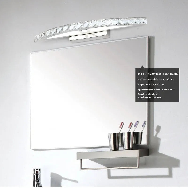 LED bathroom wall lamp with crystal mirror headlight, stainless steel hardware, available in 44cm 54cm or 70cm arc length