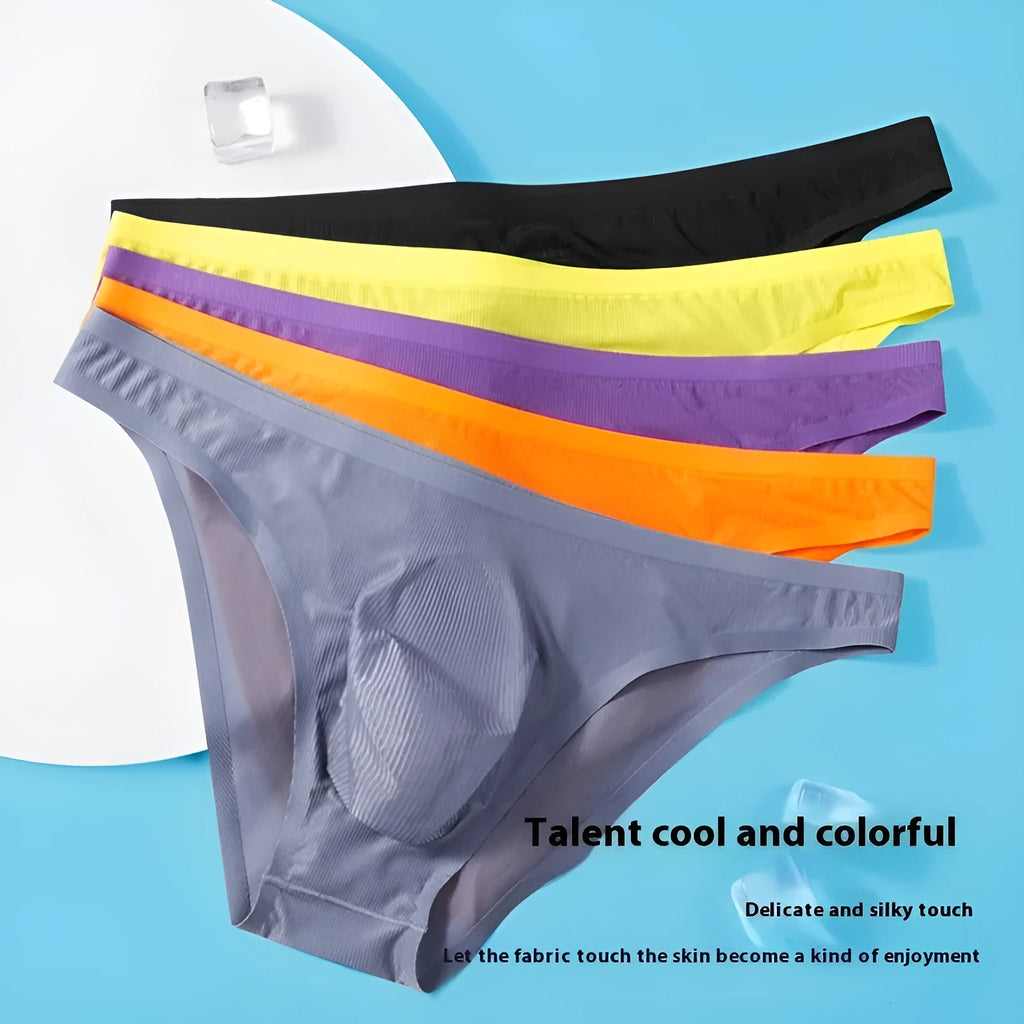 Men's seamless ice silk underwear briefs in a grey and blue stripe pattern, showing low-waist fit.