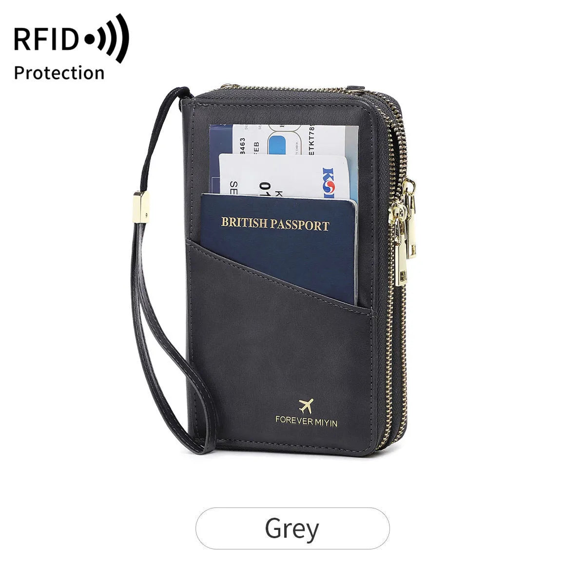 RFID multi-functional double zipper crossbody wallet in black with letter and stitching design
