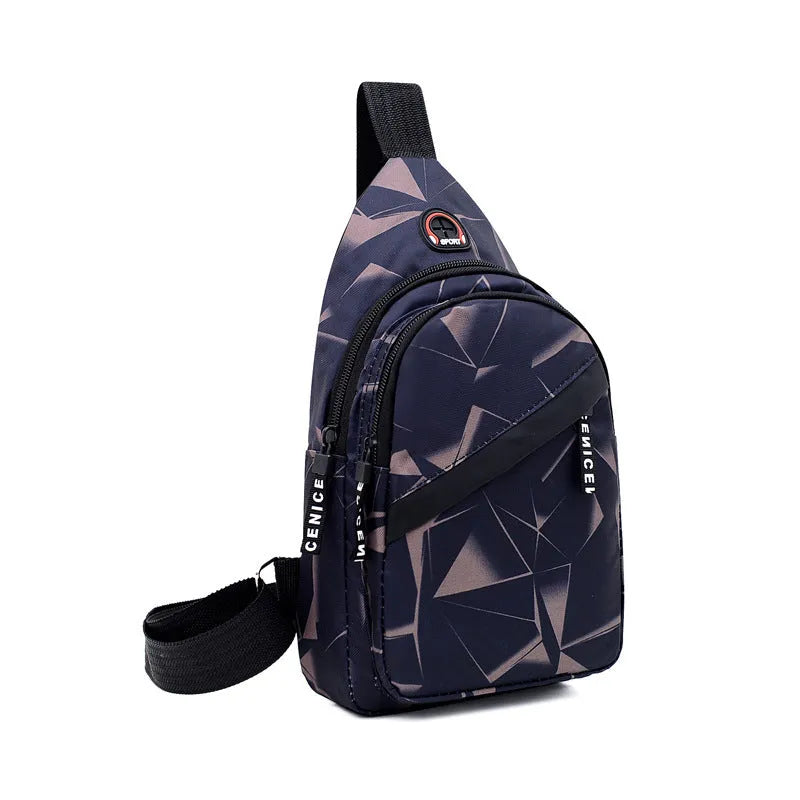 Print sling chest bag with earphone hole design in Oxford cloth, showing zipper opening and square vertical shape