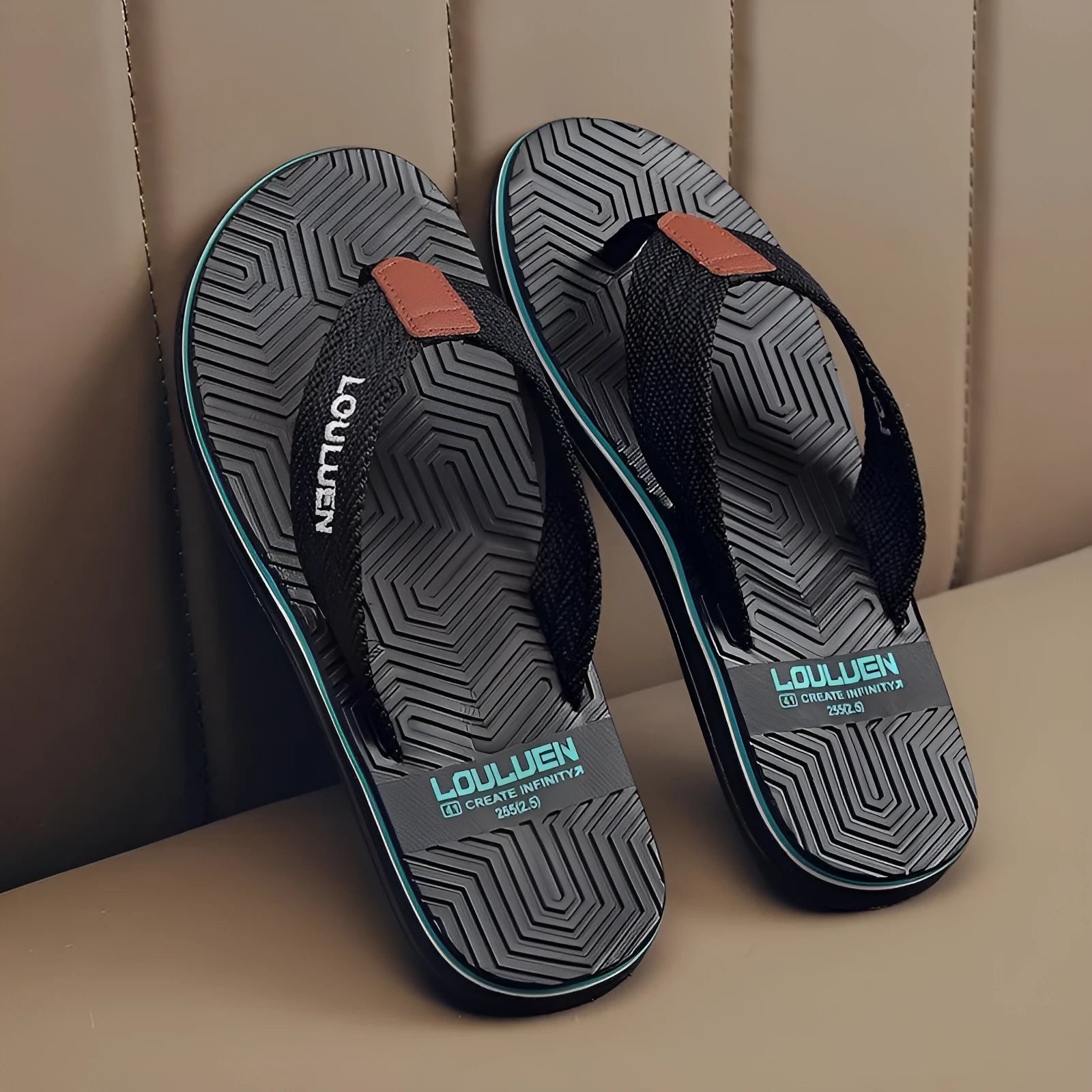 Men's flip flops in black, khaki, or green with a non-slip PVC sole and EVA upper.