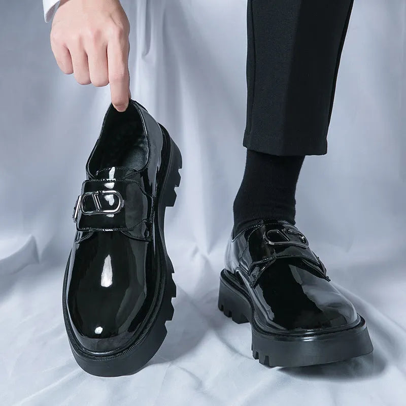 Men's black glossy platform loafers with hidden low heel for summer wear