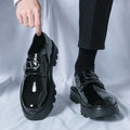 Men's black glossy platform loafers with hidden low heel for summer wear
