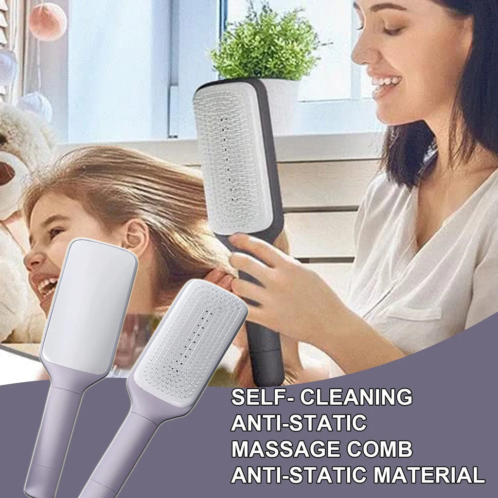 Roland purple self-cleaning hairbrush with rotating handle and anti-static massage teeth