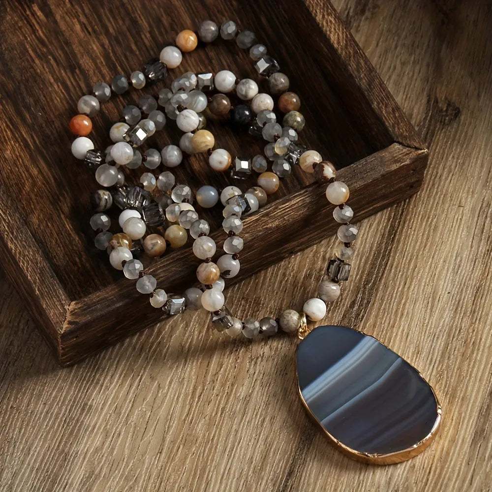 Bohemian natural stone agate water drop pendant necklace with glass beads, available in multiple colours