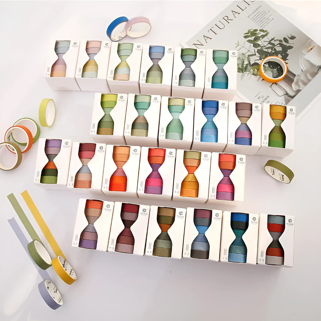 Six rolls of solid colour ledger tape with solar term designs for journal decoration