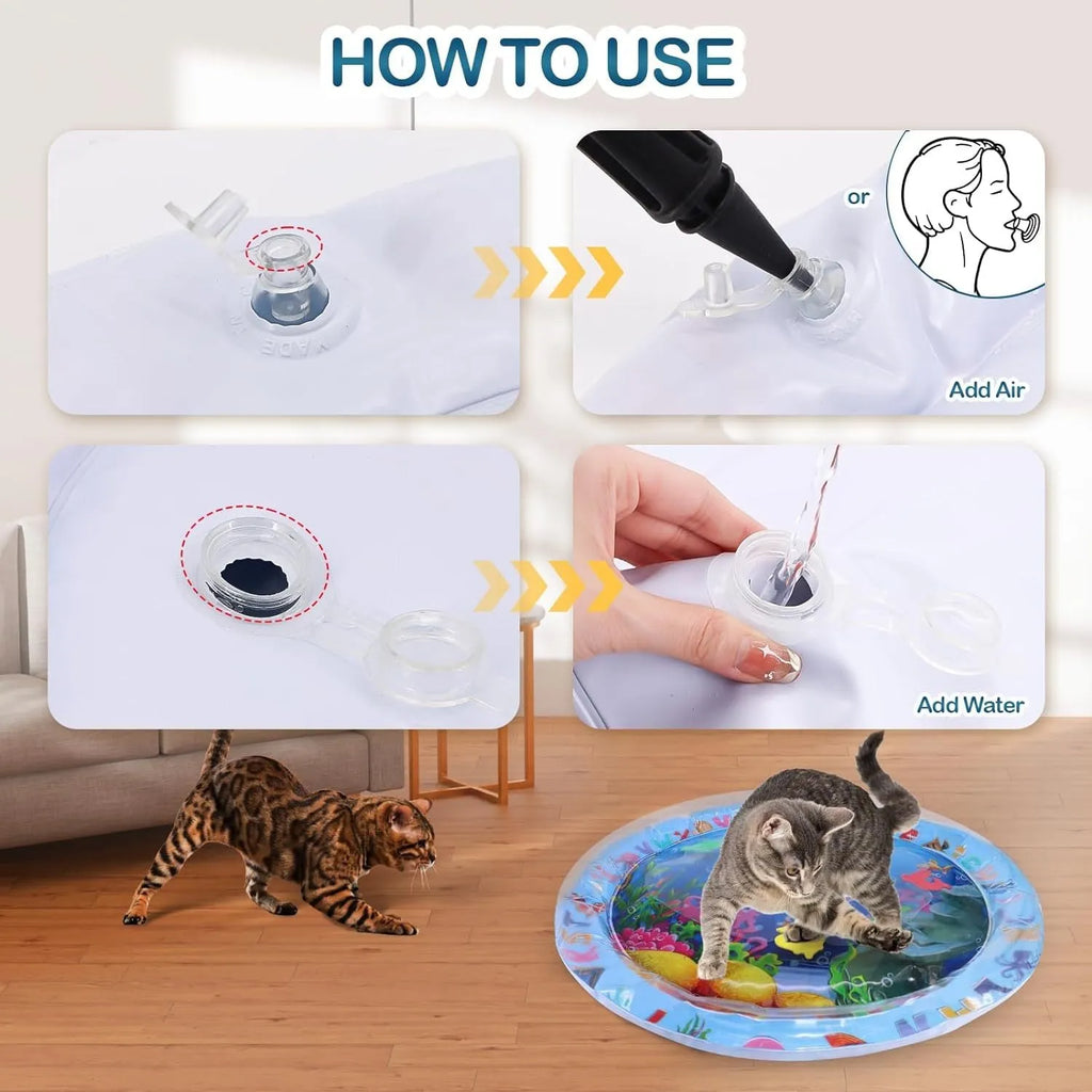 Square blue water playmat for cats on a floor, showing inflated edges and floating fish toys inside.